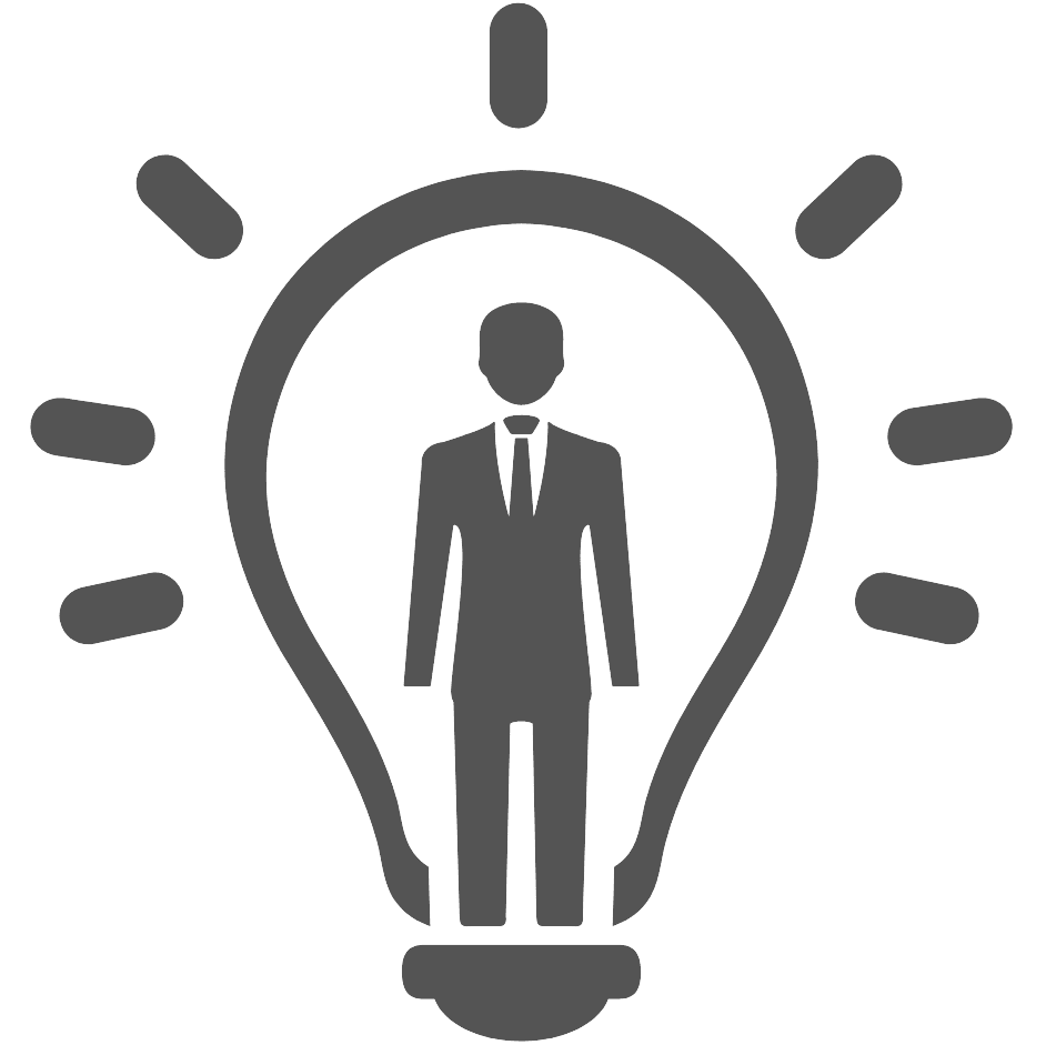 Icon of a business person in a suit standing inside a shining lightbulb, depicting the transition to strategic growth as a leader
