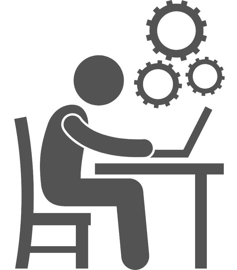 Grey illustration of a person sitting at a desk working and mechanical gears