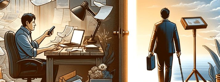 Image transitions from left to right. Left: Man sitting at a cluttered desk in a cluttered room with papers flying around. Right: A man looking over the clear ocean at a sunset with a briefcase in his hand.