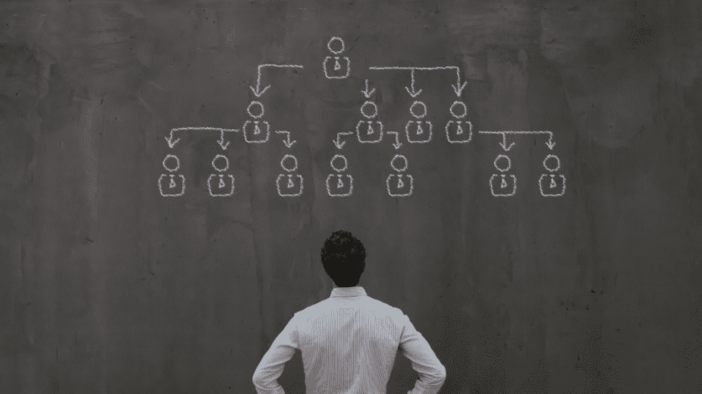 Business leader observing a chalkboard organizational chart, illustrating hierarchical leadership structure and team management concept.